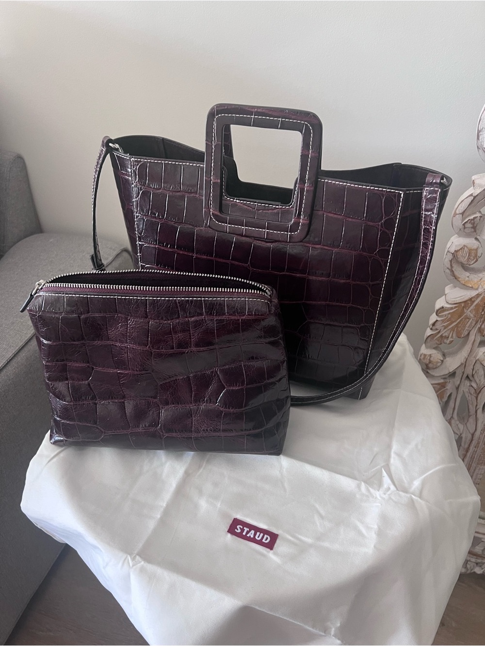 STAUD Croc-Embossed Tote with Pouch